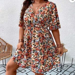 Floral Wrap Dress Short Sleeve V Neck Pleated Waist Summer Beach Ruffle Size L